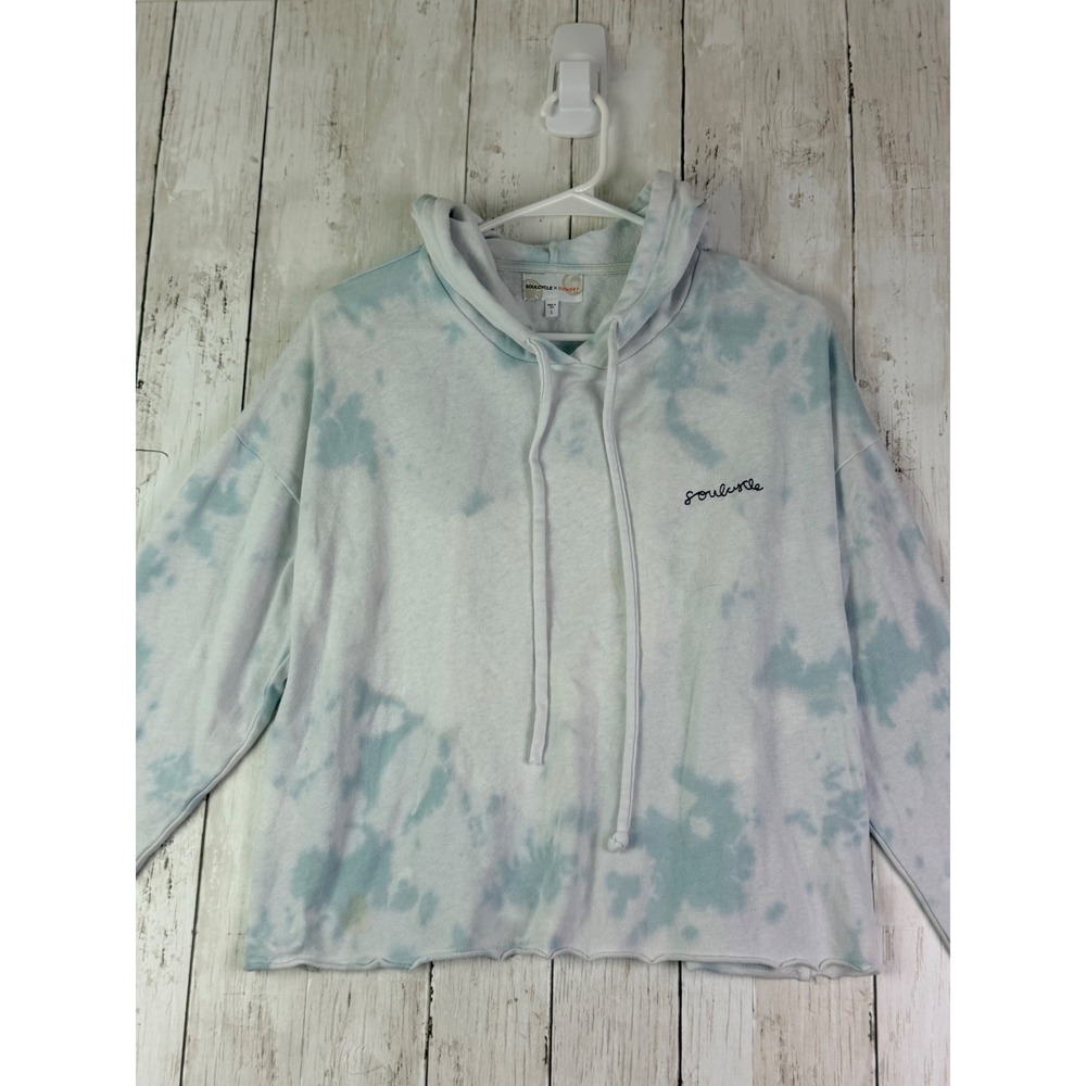 SoulCycle x Sundry Tie Dye Hoodie Blue White Script Logo Raw Hem Size L